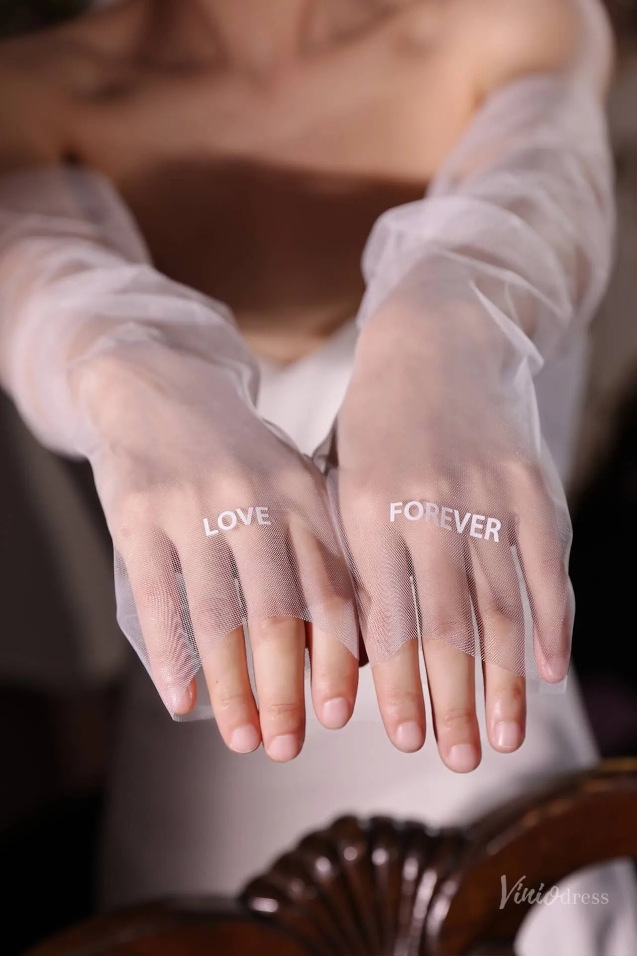 White Sheer Tulle Bridal Gloves with Embroidered Lettering – Fingerless Wedding Gloves WG221-Bridal Gloves 2026-Viniodress-Ivory-Love Forever-