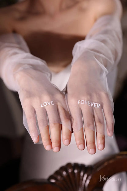 White Sheer Tulle Bridal Gloves with Embroidered Lettering – Fingerless Wedding Gloves WG221-Bridal Gloves 2026-Viniodress-Ivory-Love Forever-