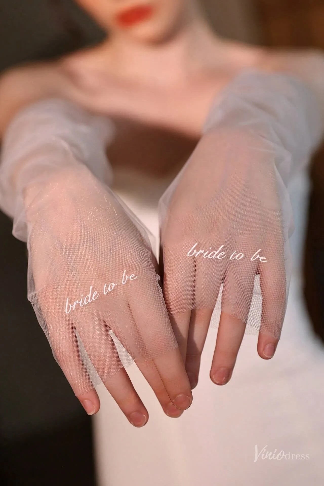 White Sheer Tulle Bridal Gloves with Embroidered Lettering – Fingerless Wedding Gloves WG221-Bridal Gloves 2026-Viniodress-Ivory-Love Forever-