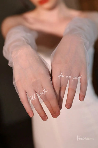 White Sheer Tulle Bridal Gloves with Embroidered Lettering – Fingerless Wedding Gloves WG221-Bridal Gloves 2026-Viniodress-Ivory-Love Forever-