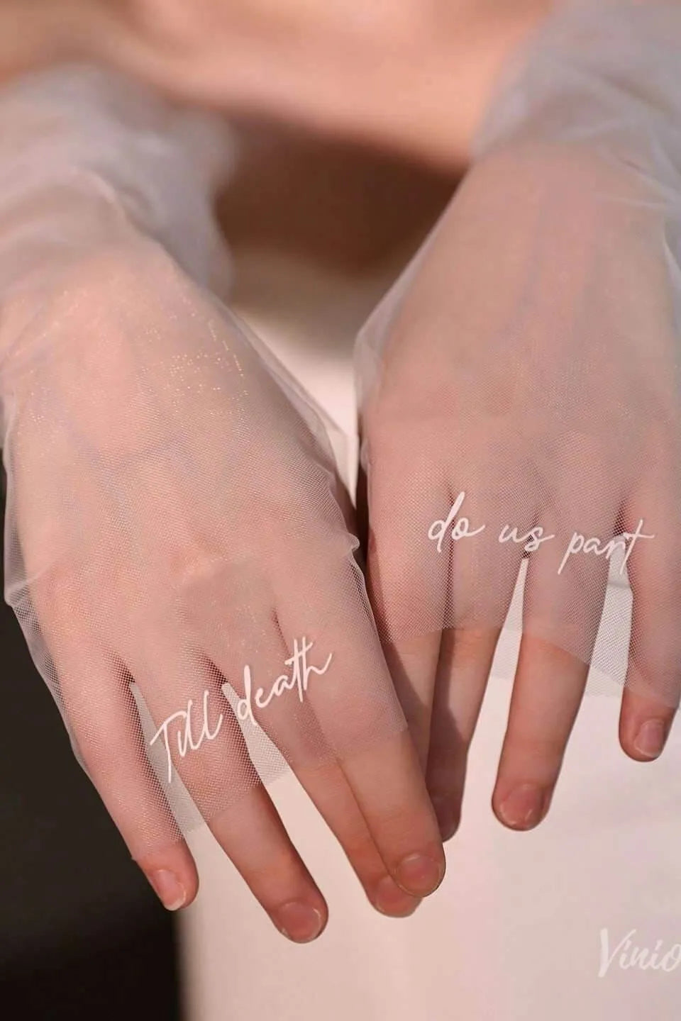 White Sheer Tulle Bridal Gloves with Embroidered Lettering – Fingerless Wedding Gloves WG221-Bridal Gloves 2026-Viniodress-Ivory-Love Forever-