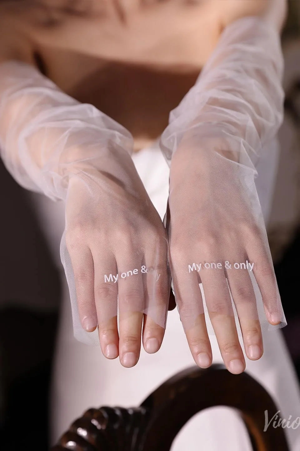 White Sheer Tulle Bridal Gloves with Embroidered Lettering – Fingerless Wedding Gloves WG221-Bridal Gloves 2026-Viniodress-Ivory-Love Forever-