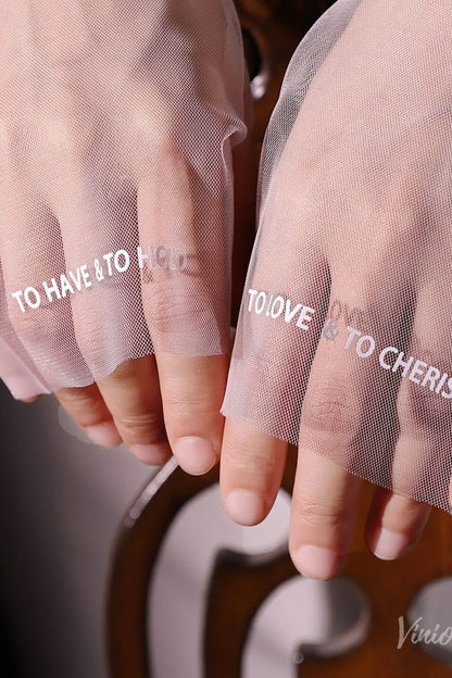 White Sheer Tulle Bridal Gloves with Embroidered Lettering – Fingerless Wedding Gloves WG221-Bridal Gloves 2026-Viniodress-Ivory-Love Forever-
