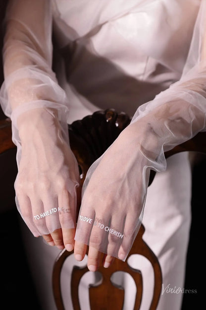 White Sheer Tulle Bridal Gloves with Embroidered Lettering – Fingerless Wedding Gloves WG221-Bridal Gloves 2026-Viniodress-Ivory-Love Forever-