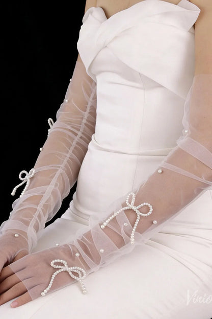 White Sheer Tulle Bridal Gloves with Pearls & Bow – Modern Fingerless Wedding Gloves for Women WG225-Bridal Gloves 2026-Viniodress-Ivory-
