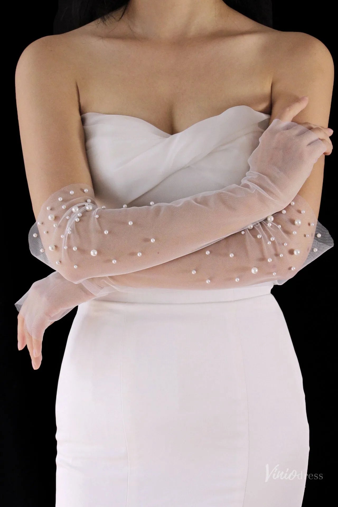 White Sheer Tulle Bridal Gloves with Pearls – Fingerless Elbow Wedding Gloves WG222-Bridal Gloves 2026-Viniodress-Ivory-