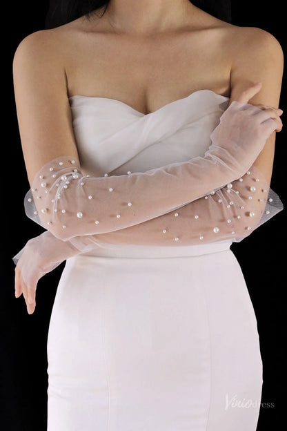 White Sheer Tulle Bridal Gloves with Pearls – Fingerless Elbow Wedding Gloves WG222-Bridal Gloves 2026-Viniodress-Ivory-