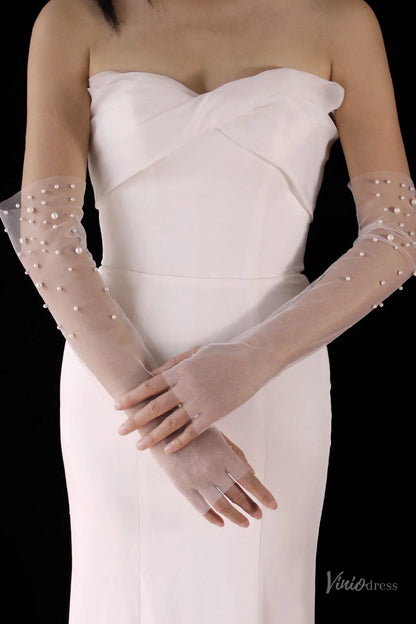 White Sheer Tulle Bridal Gloves with Pearls – Fingerless Elbow Wedding Gloves WG222-Bridal Gloves 2026-Viniodress-Ivory-