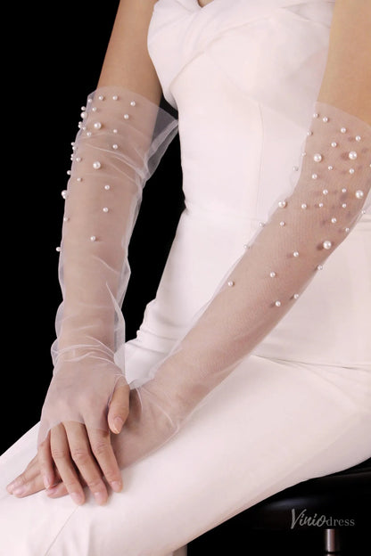 White Sheer Tulle Bridal Gloves with Pearls – Fingerless Elbow Wedding Gloves WG222-Bridal Gloves 2026-Viniodress-Ivory-
