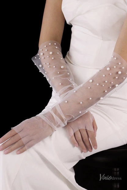 White Sheer Tulle Bridal Gloves with Pearls – Fingerless Elbow Wedding Gloves WG222-Bridal Gloves 2026-Viniodress-Ivory-