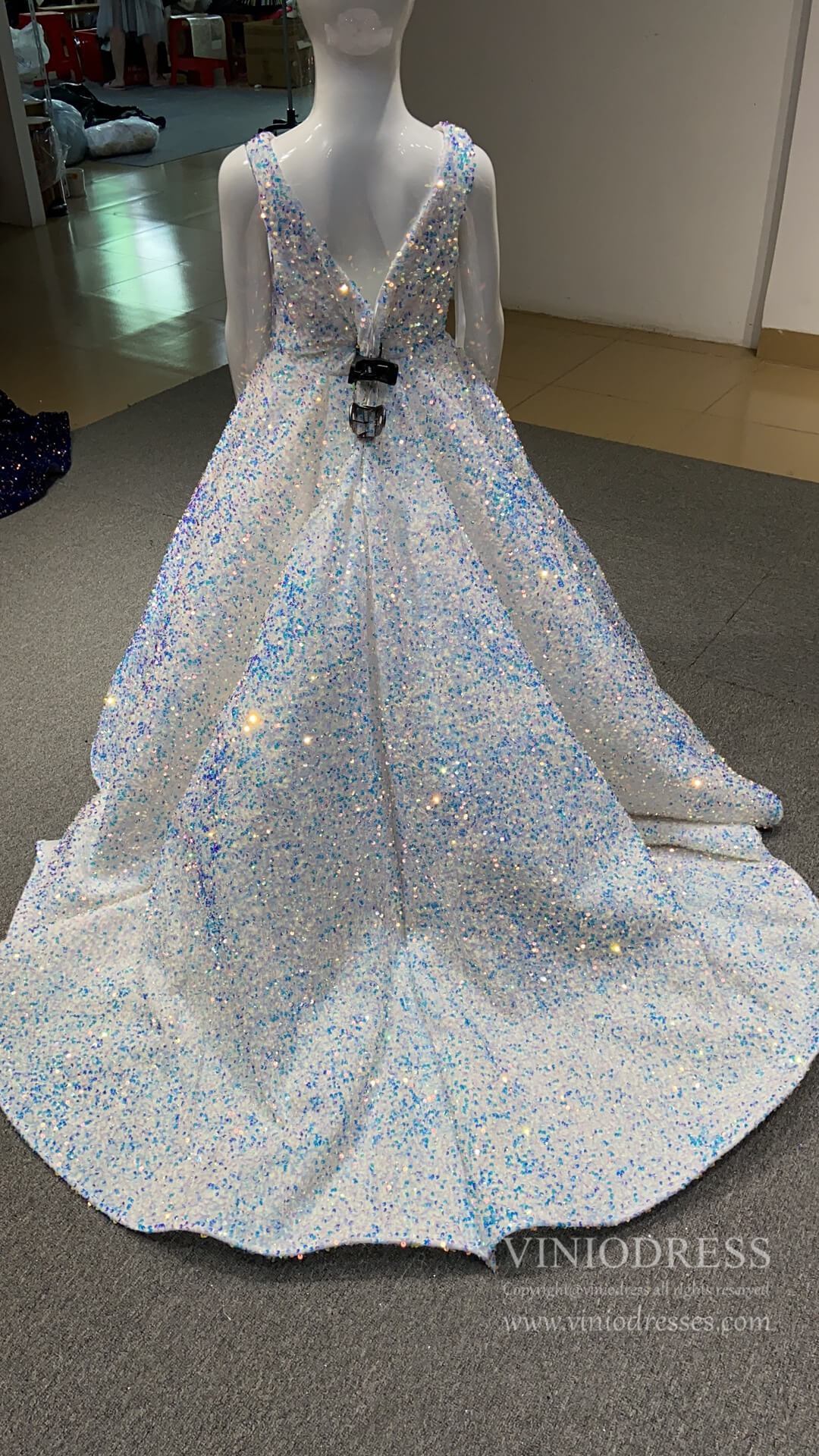 White Shiny Ball Gown for Little Girls 66991 Viniodress White Shiny Ball Gown for Little Girls 66991 Viniodress