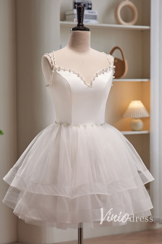 White Spaghetti Strap Homecoming Dresses Ruffled Tulle Short Prom Dress SD1615 - Viniodressprom dressesWhiteCustom Size - Formal Dresses - Ball Gowns