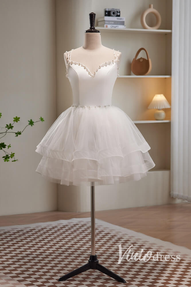 White Spaghetti Strap Homecoming Dresses Ruffled Tulle Short Prom Dress SD1615 - Viniodressprom dressesWhiteCustom Size - Formal Dresses - Ball Gowns