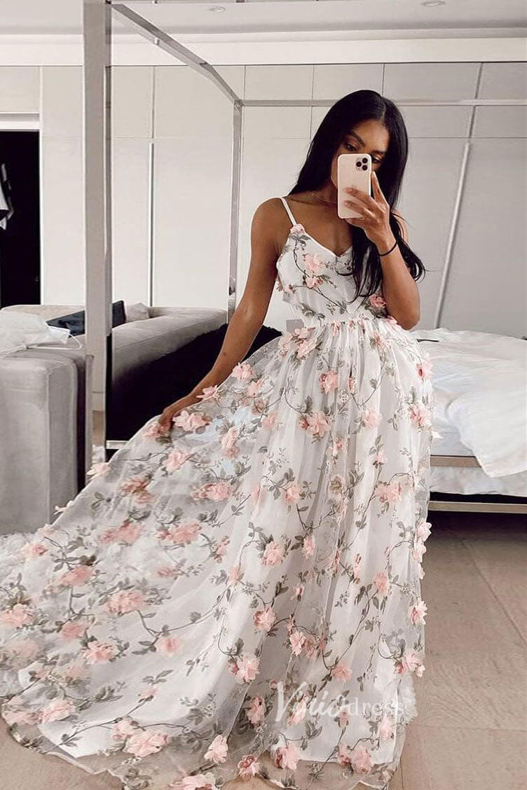 Prom Dress 2025 White Spaghetti Strap Prom Dresses 3D Flower Evening Dress FD3061-unique prom dresses-White-Custom Size-Viniodress