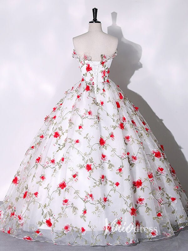 White Strapless Ball Gown Red Floral Quinceanera Dresses FD3533-prom dresses 2025 -Viniodress-Red-Custom Size-