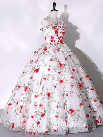 White Strapless Ball Gown Red Floral Quinceanera Dresses FD3533-prom dresses 2025 -Viniodress-Red-Custom Size-