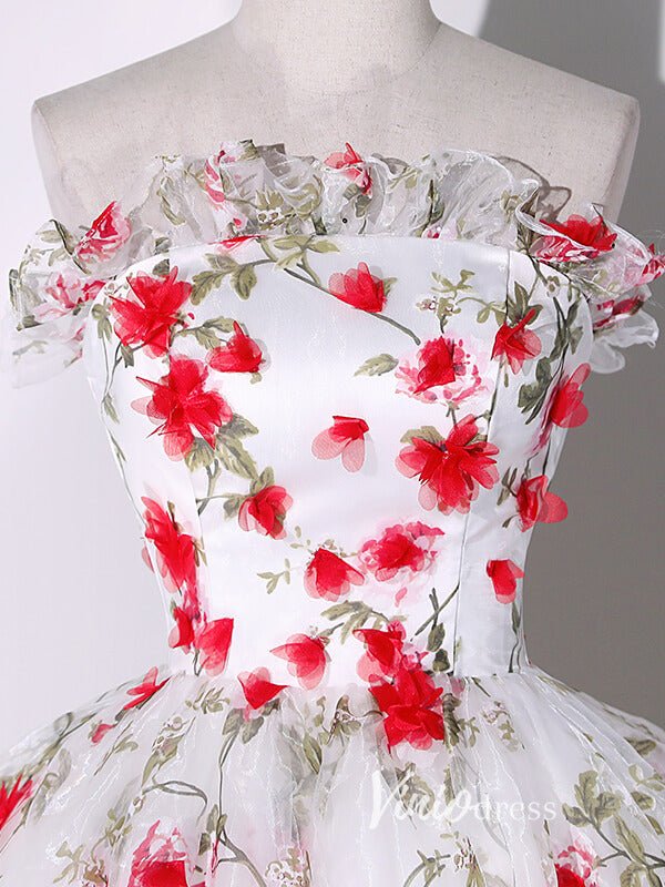 White Strapless Ball Gown Red Floral Quinceanera Dresses FD3533-prom dresses 2025 -Viniodress-Red-Custom Size-