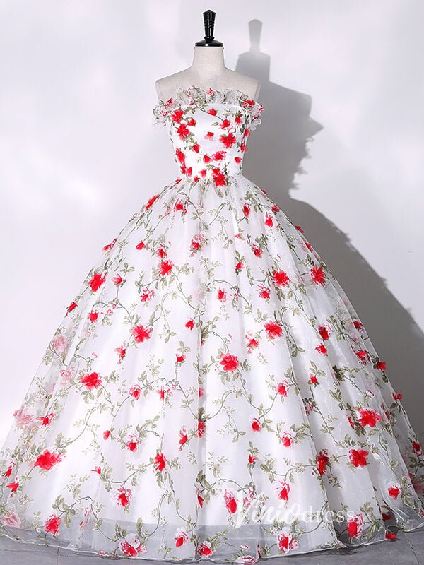 White Strapless Ball Gown Red Floral Quinceanera Dresses FD3533-prom dresses 2025 -Viniodress-Red-Custom Size-