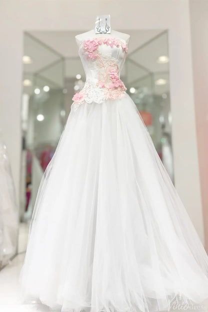 White Strapless Formal Ball Gown with Pink 3D Floral Lace Appliques and Layered Tulle Skirt – AE1012-prom dresses 2025 -Viniodress-White-Custom Size-