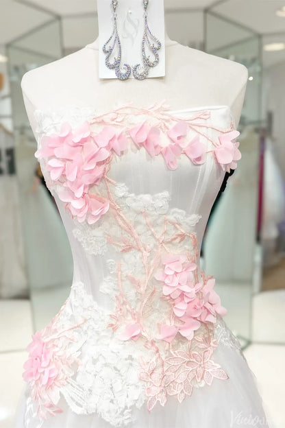 White Strapless Formal Ball Gown with Pink 3D Floral Lace Appliques and Layered Tulle Skirt – AE1012-prom dresses 2025 -Viniodress-White-Custom Size-