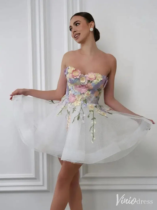 White Strapless Homecoming Dress with 3D Floral Appliqué Bodice and Sparkly Tulle Skirt – SD1710-Homecoming Dresses 2025 -Viniodress-White-Custom Size-