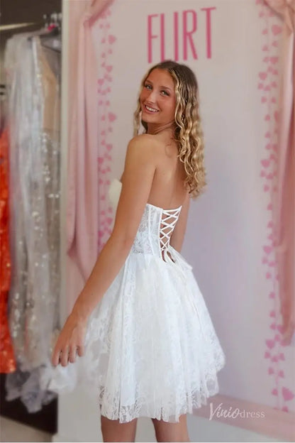 White Strapless Homecoming Dress with Sweetheart Bustier, Lace Corset Bodice, and A-Line Skirt – H1140-Homecoming Dresses 2025 -Viniodress-Ivory-Custom Size-