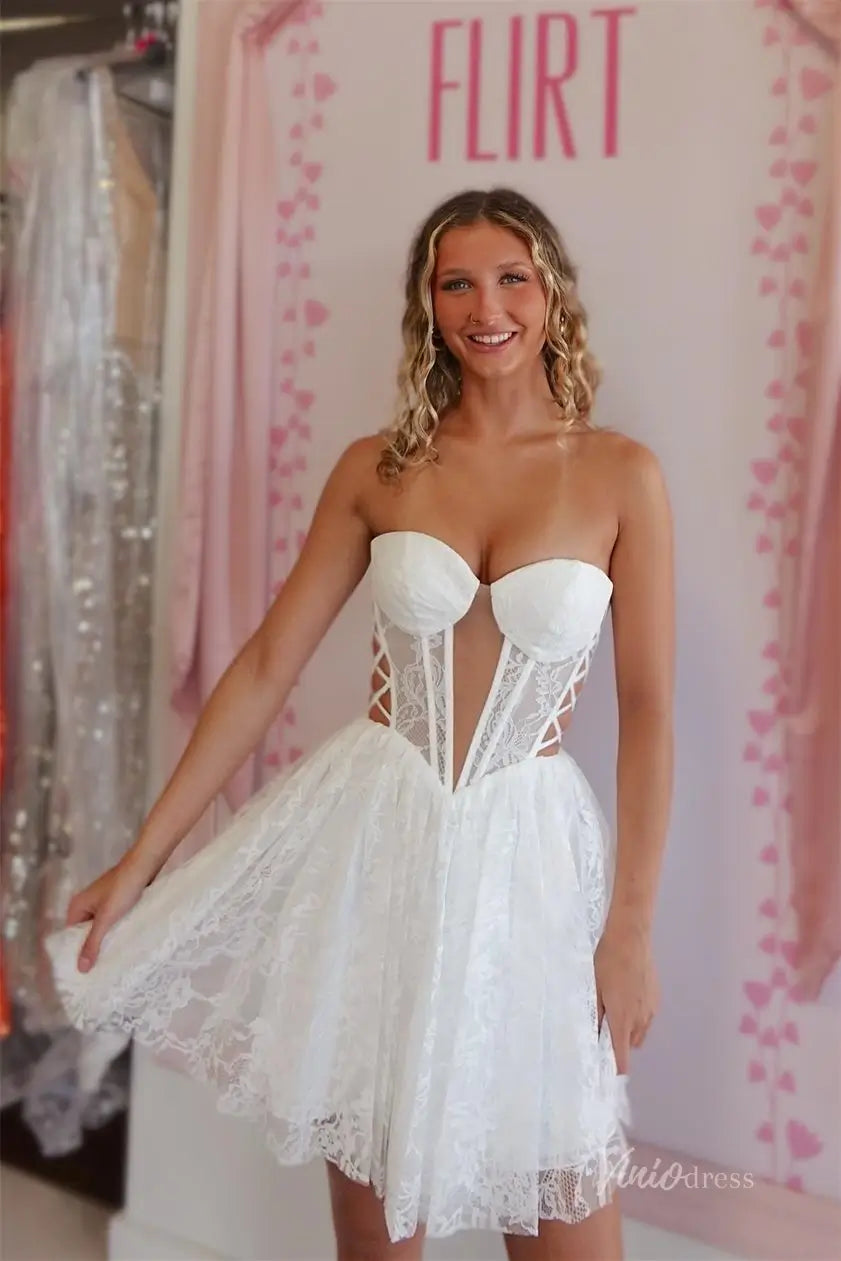 White Strapless Homecoming Dress with Sweetheart Bustier, Lace Corset Bodice, and A-Line Skirt – H1140-Homecoming Dresses 2025 -Viniodress-Ivory-Custom Size-