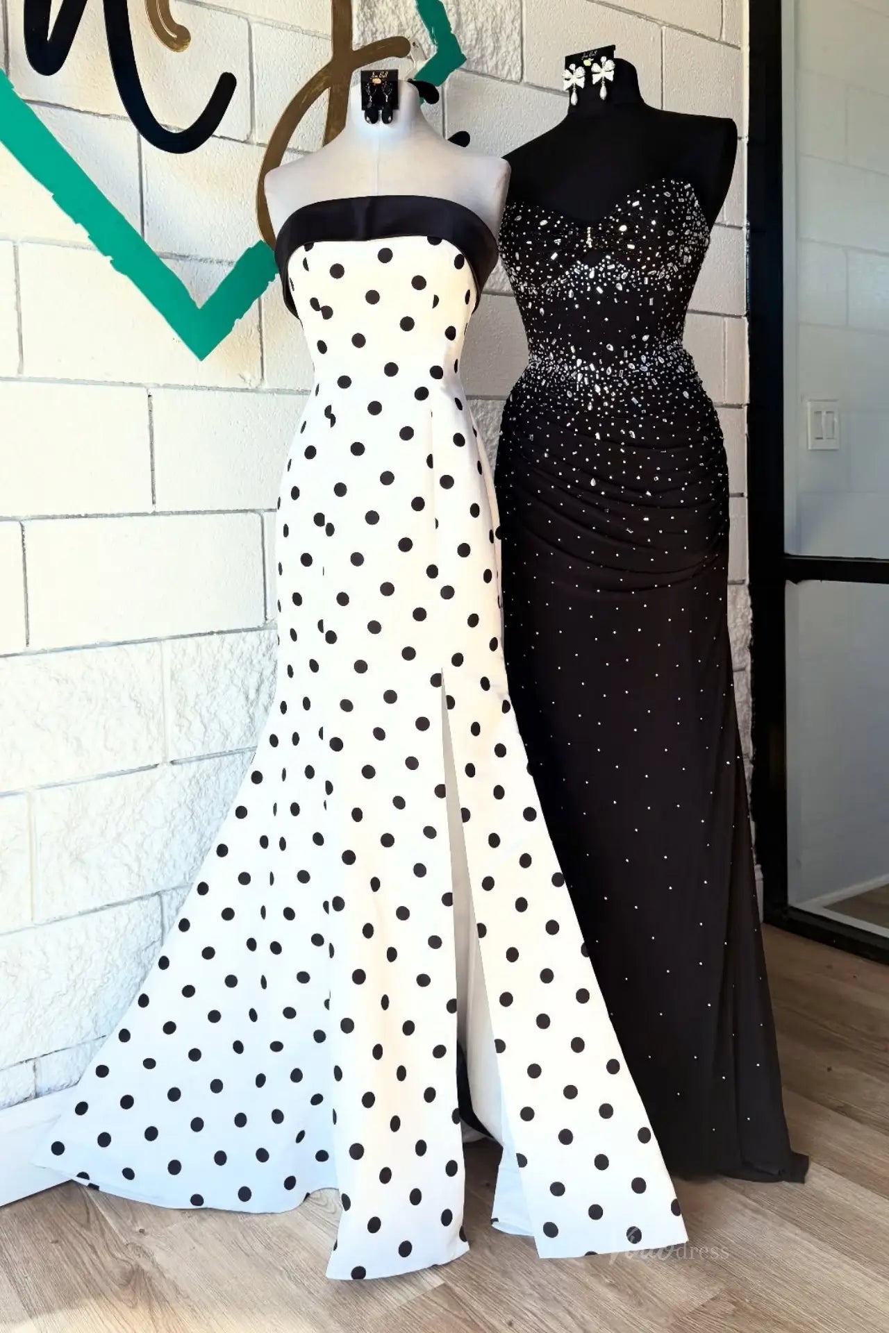 White Strapless Polka Dot Mermaid Prom Dress with Black Satin Trim & High Slit – SS391-prom dresses 2026-Viniodress-White-Custom Size – Add Measurements in Cart-