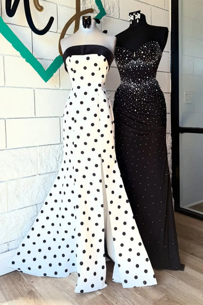 White Strapless Polka Dot Mermaid Prom Dress with Black Satin Trim & High Slit – SS391-prom dresses 2026-Viniodress-White-Custom Size – Add Measurements in Cart-