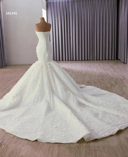 White Trumpet Wedding Dress 3D Flower Luxury Strapless Bridal Gown 241141-wedding dresses 2025 -Viniodress-Ivory-Custom Size-