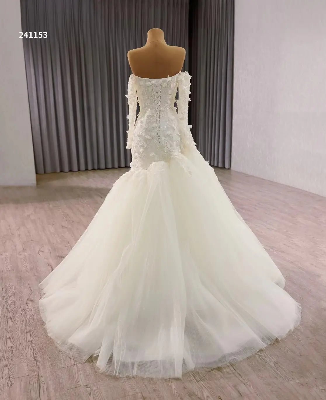 White Tulle Mermaid Wedding Dress with Long Sleeves, Floral Lace Bodice 241153-wedding dresses 2025 -Viniodress-Ivory-Custom Size-