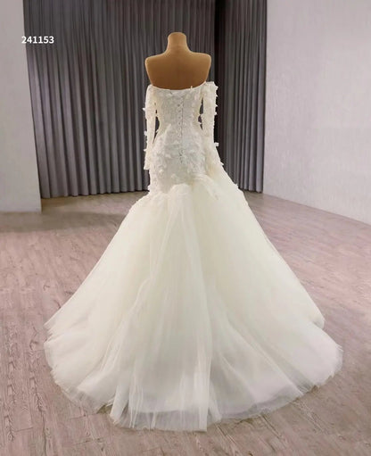 White Tulle Mermaid Wedding Dress with Long Sleeves, Floral Lace Bodice 241153-wedding dresses 2025 -Viniodress-Ivory-Custom Size-