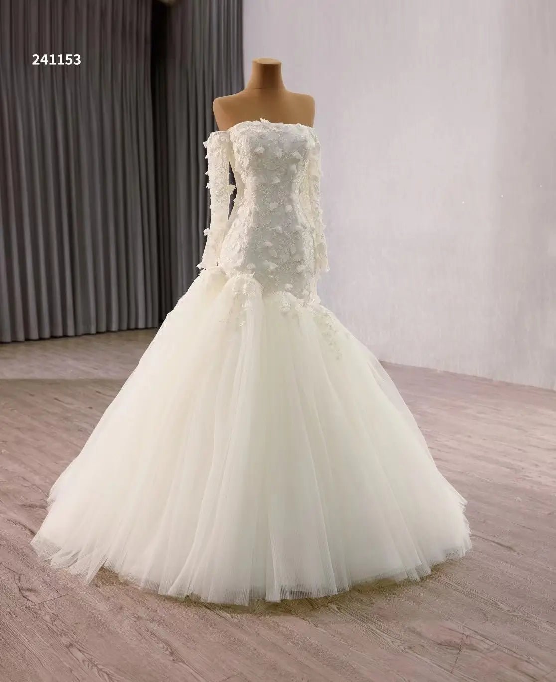 White Tulle Mermaid Wedding Dress with Long Sleeves, Floral Lace Bodice 241153-wedding dresses 2025 -Viniodress-Ivory-Custom Size-