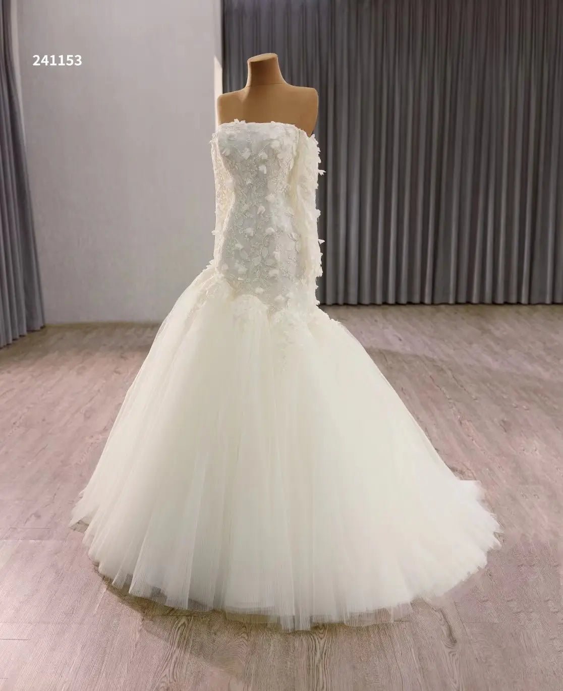 White Tulle Mermaid Wedding Dress with Long Sleeves, Floral Lace Bodice 241153-wedding dresses 2025 -Viniodress-Ivory-Custom Size-