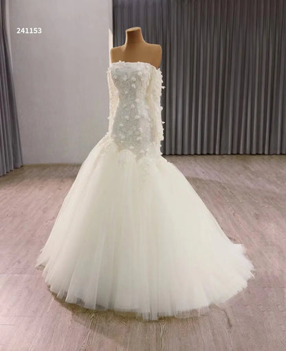 White Tulle Mermaid Wedding Dress with Long Sleeves, Floral Lace Bodice 241153-wedding dresses 2025 -Viniodress-Ivory-Custom Size-