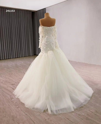 White Tulle Mermaid Wedding Dress with Long Sleeves, Floral Lace Bodice 241153-wedding dresses 2025 -Viniodress-Ivory-Custom Size-