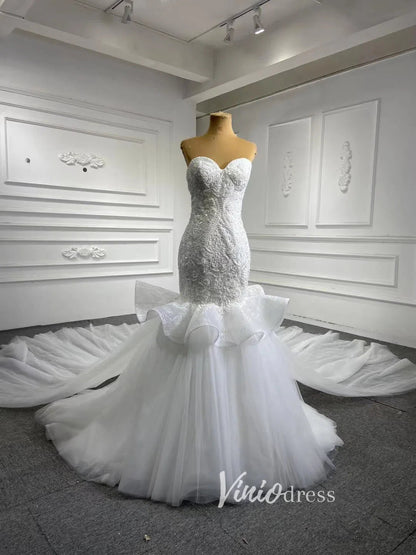 White Tulle Mermaid Wedding Dresses Cathedral Train 66765-wedding dresses 2025 -Viniodress-Ivory-Custom Size-