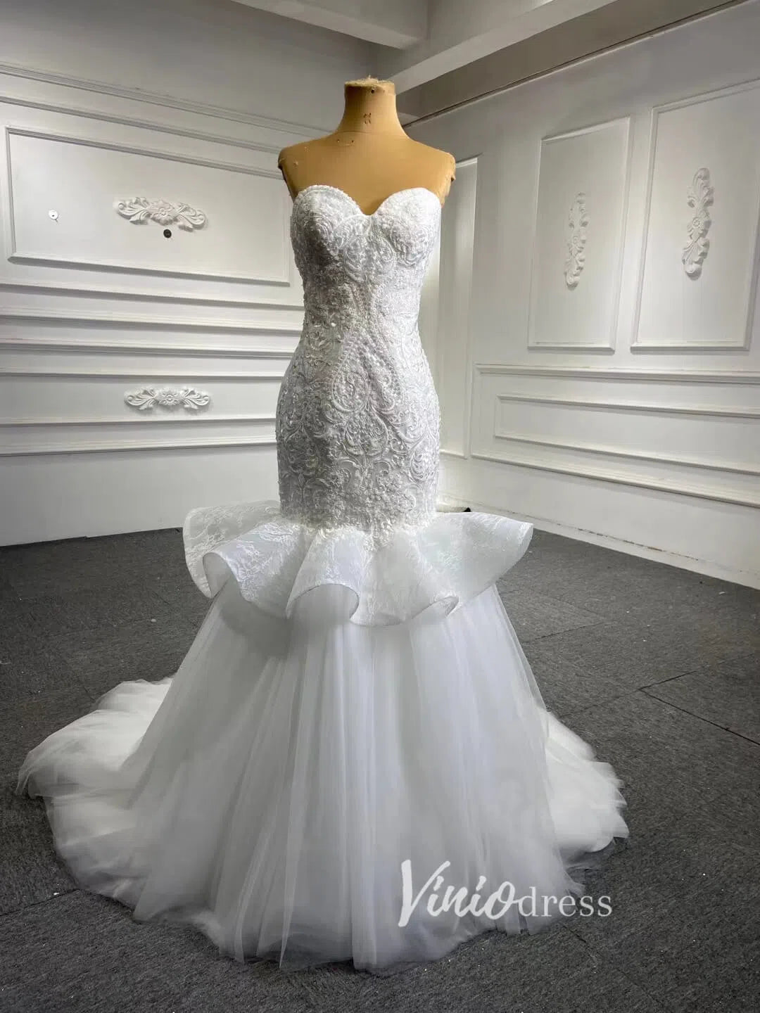 White Tulle Mermaid Wedding Dresses Cathedral Train 66765-wedding dresses-Viniodress-Viniodress