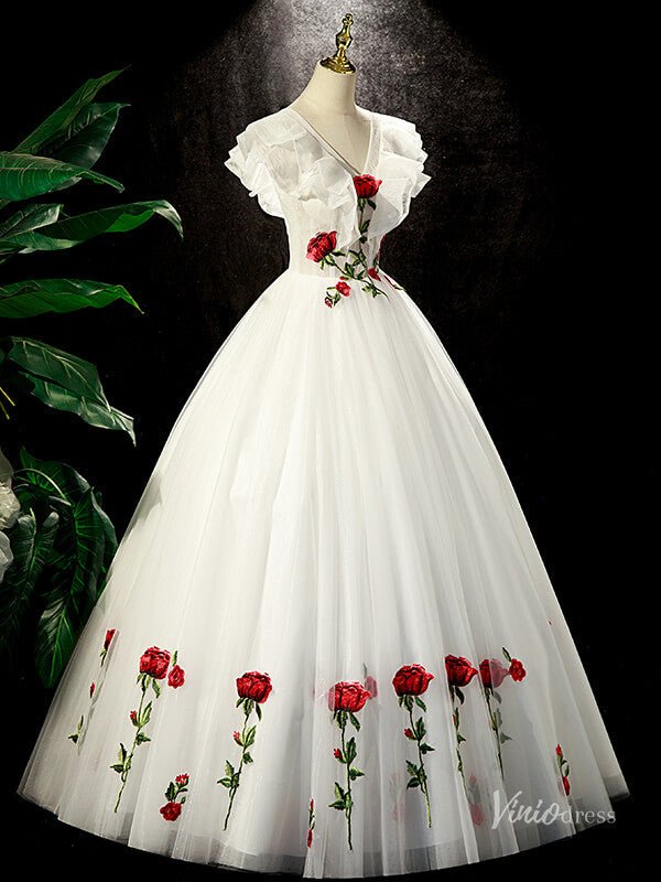 White Wedding Dresses White Gown With Red Roses White Tulle Prom