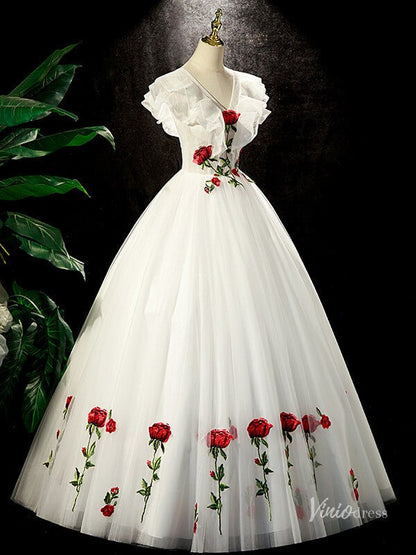 White Tulle Prom Dresses Red Rose Flower Ball Gowns Princess Dresses BG049-prom dresses 2025 -Viniodress-Ivory-Custom Size-