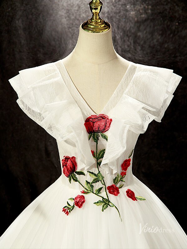 White Tulle Prom Dresses Red Rose Flower Ball Gowns Princess Dresses BG049-prom dresses 2025 -Viniodress-Ivory-Custom Size-