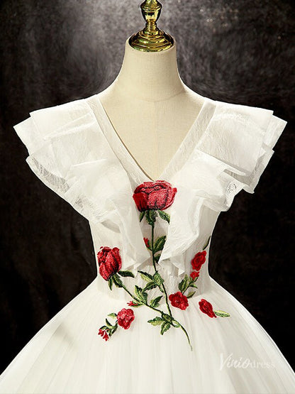 White Tulle Prom Dresses Red Rose Flower Ball Gowns Princess Dresses BG049-prom dresses 2025 -Viniodress-Ivory-Custom Size-