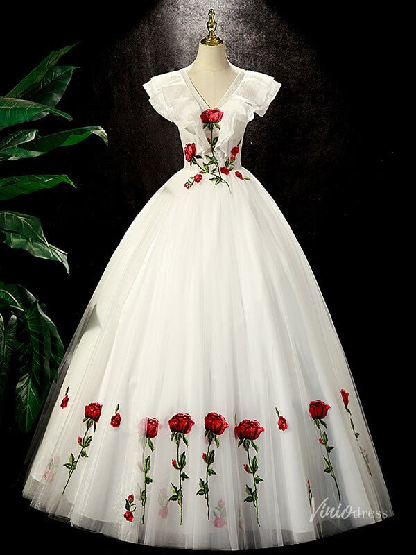 White Tulle Prom Dresses Red Rose Flower Ball Gowns Princess Dresses BG049-prom dresses 2025 -Viniodress-Ivory-Custom Size-