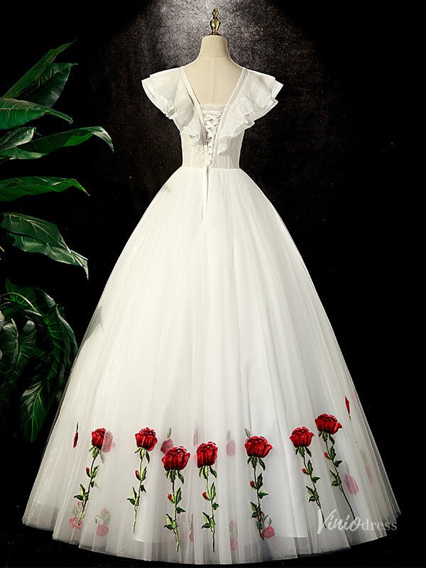 White Tulle Prom Dresses Red Rose Flower Ball Gowns Princess Dresses B – Viniodress White Tulle Prom Dresses Red Rose Flower Ball Gowns Princess Dresses B – Viniodress