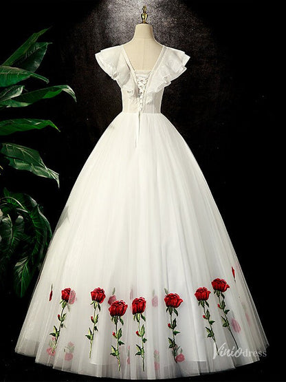 red or white prom dresses White Tulle Prom Dresses Red Rose Flower Ball Gowns Princess Dresses B –  Viniodress