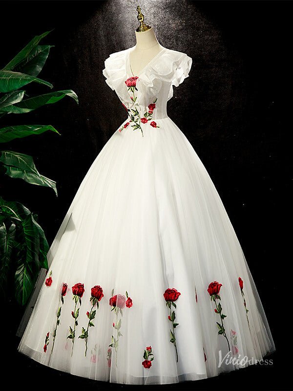 White Tulle Prom Dresses Red Rose Flower Ball Gowns Princess Dresses B – Viniodress White Tulle Prom Dresses Red Rose Flower Ball Gowns Princess Dresses B – Viniodress
