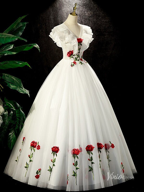 White Tulle Prom Dresses Red Rose Flower Ball Gowns Princess Dresses BG049 - Viniodressprom dressesIvoryCustom Size - Formal Dresses - Ball Gowns