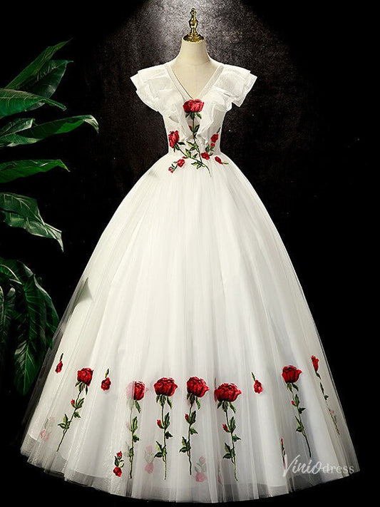 White Tulle Prom Dresses Red Rose Flower Ball Gowns Princess Dresses BG049 - Viniodressprom dressesIvoryCustom Size - Formal Dresses - Ball Gowns