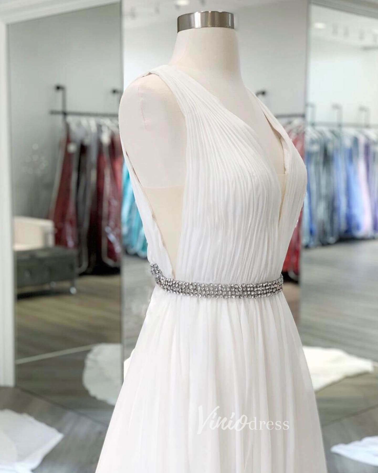 White V-Neck Prom Dresses Chiffon Wedding Dress FD3038-wedding dresses 2025 -Viniodress-Ivory-Custom Size-