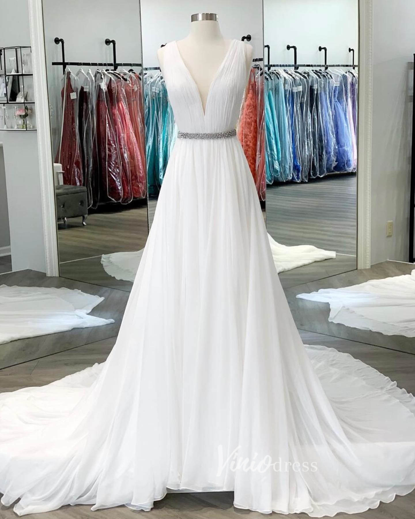 White V-Neck Prom Dresses Chiffon Wedding Dress FD3038-wedding dresses 2025 -Viniodress-Ivory-Custom Size-